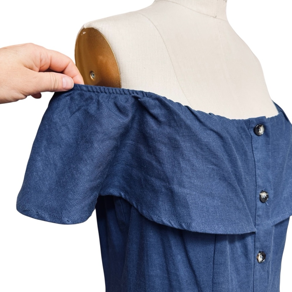 Saks Fifth Avenue Linen Off Shoulder Dress Size 14 Blue Sustainable Cottagecore - Picture 4 of 10